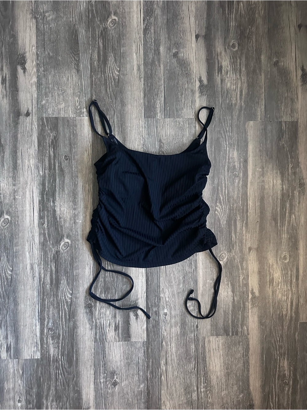 Time and Tru Black Ribbed Side-Ruched Tankini Top Size Medium Black Swim Top